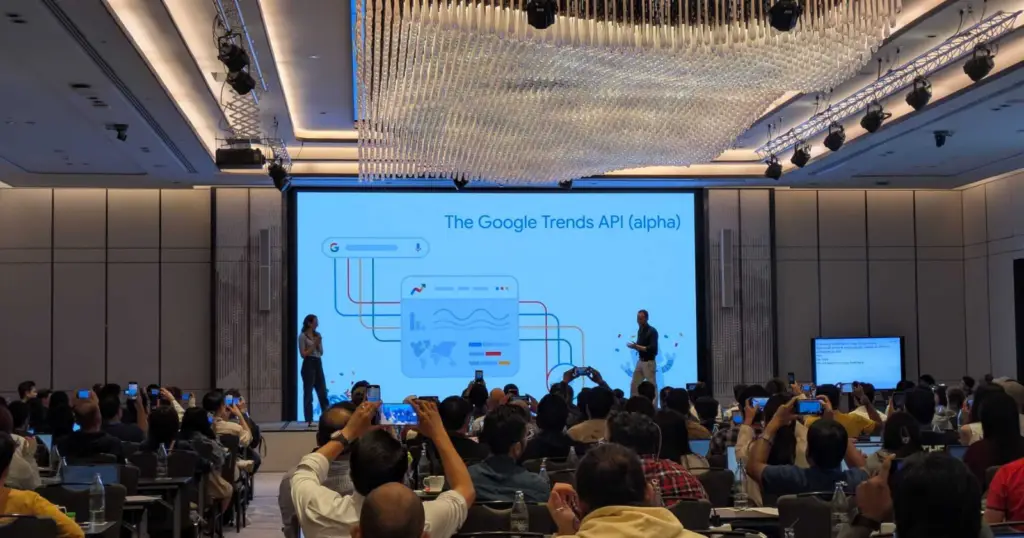 Google Trends API Alpha launch visual with data charts and analytics in flat digital design.