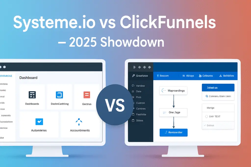Visual comparison chart of Systeme.io vs ClickFunnels showing features, pricing, and usability